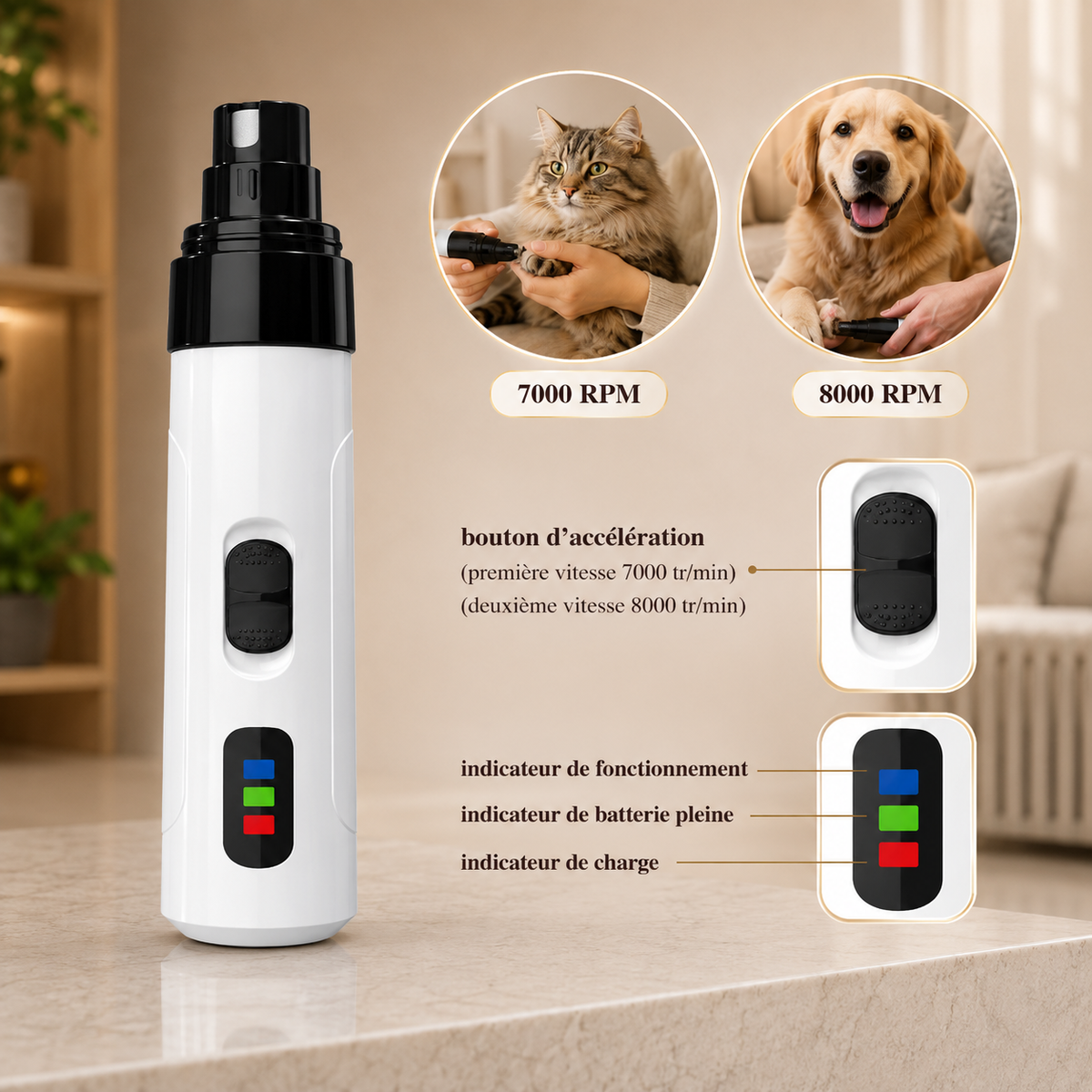 Lime à griffes électrique pour chat et chien avec deux vitesses de limage, indicateurs lumineux et fonctionnement silencieux pour un soin précis et sécurisé des griffes