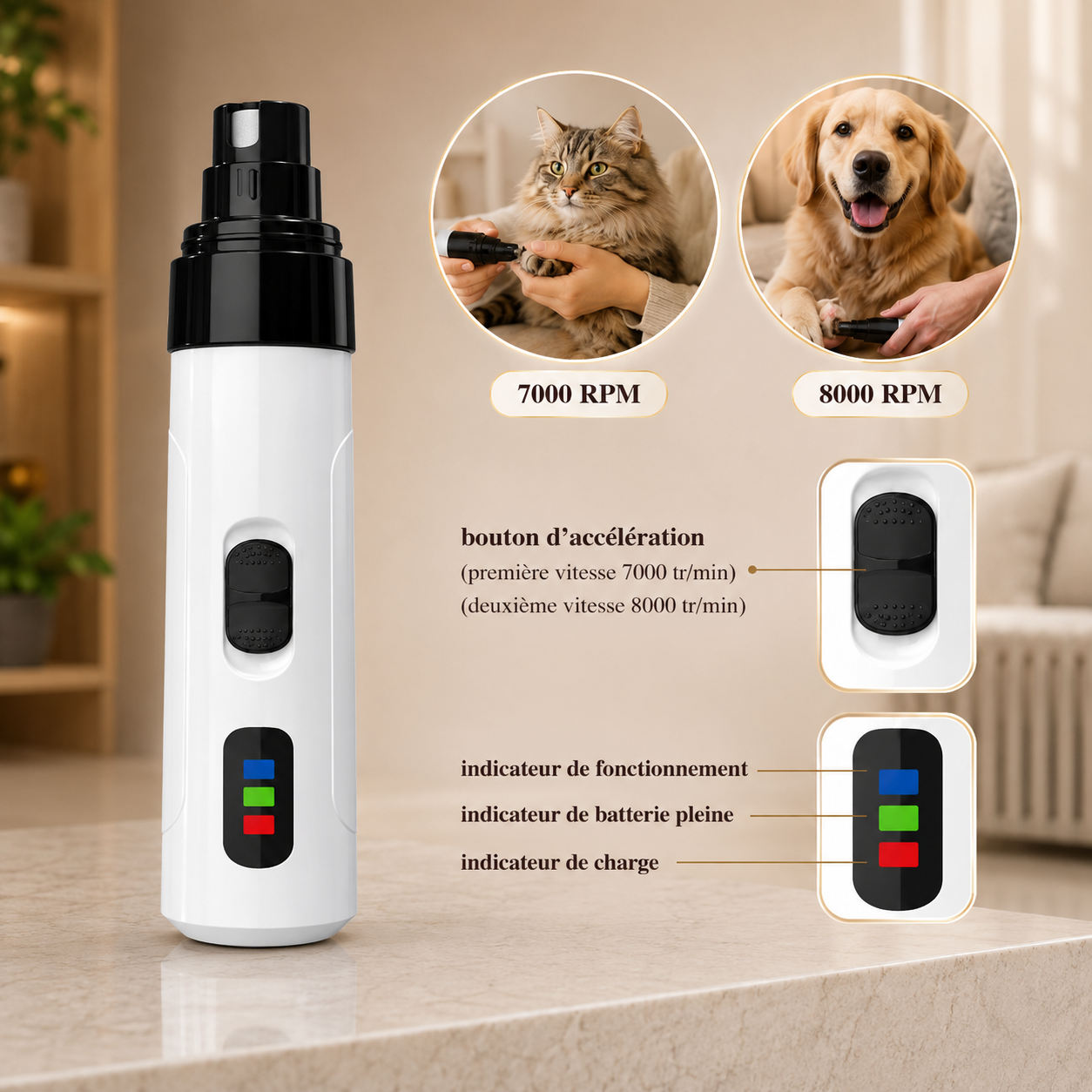 Lime à griffes électrique pour chat et chien avec deux vitesses de limage, indicateurs lumineux et fonctionnement silencieux pour un soin précis et sécurisé des griffes