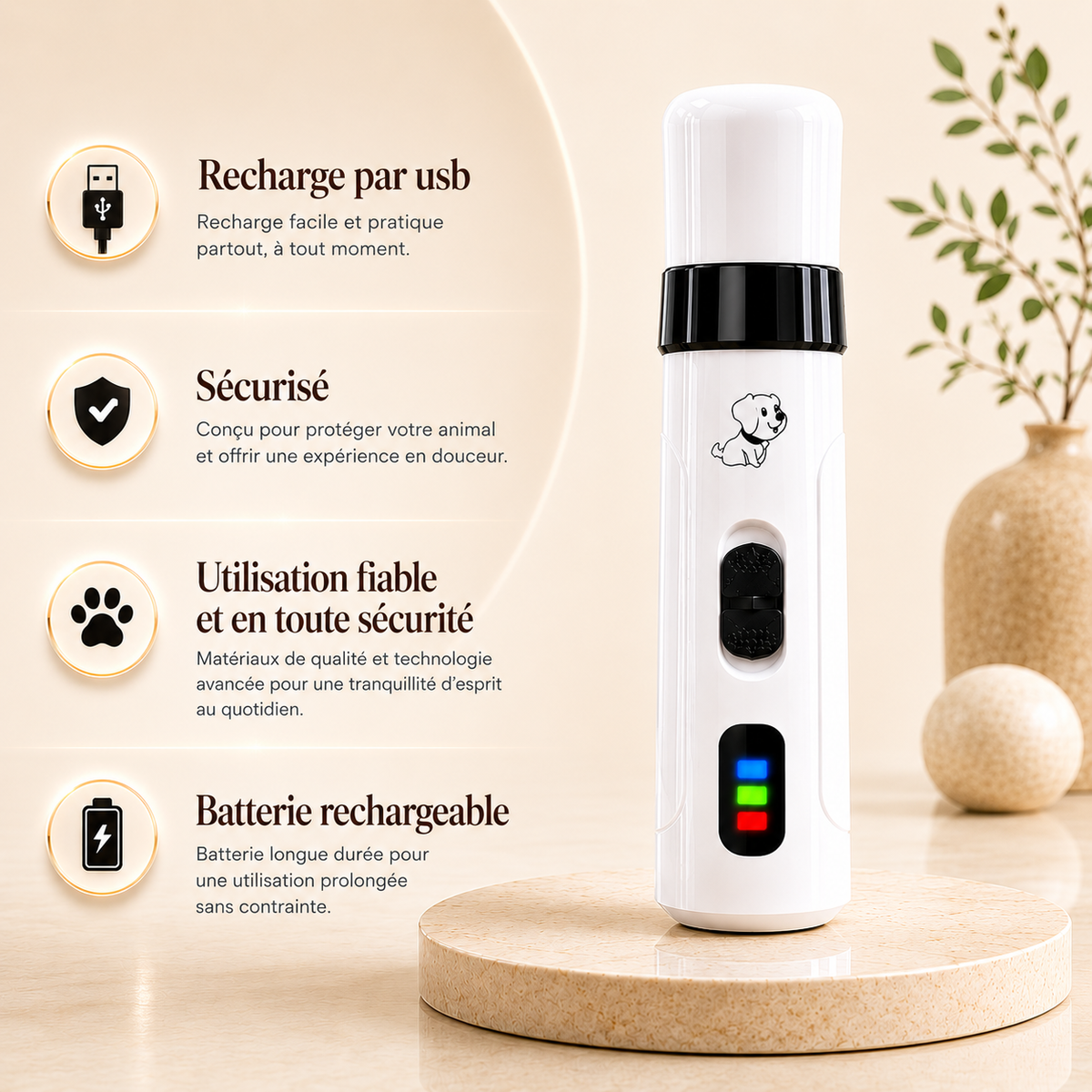 Lime à griffes rechargeable pour chat avec batterie intégrée, utilisation sans fil et conception pensée pour un entretien régulier à la maison.