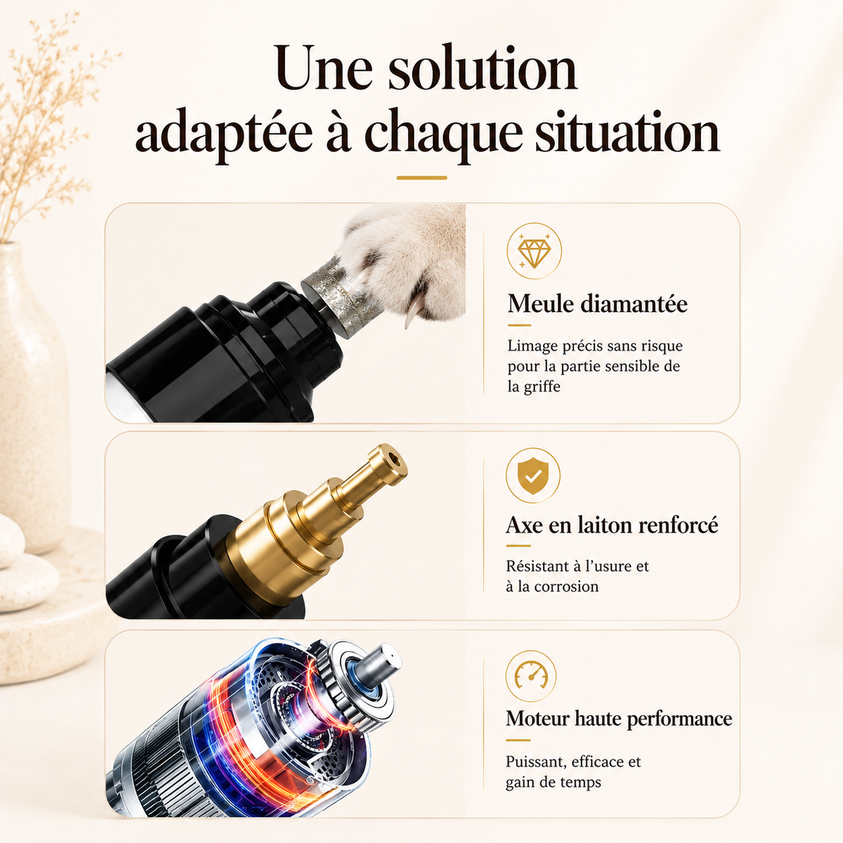 Système de limage pour griffes de chat avec embout abrasif de précision, mécanisme renforcé et moteur haute efficacité pour un soin régulier en toute sécurité.