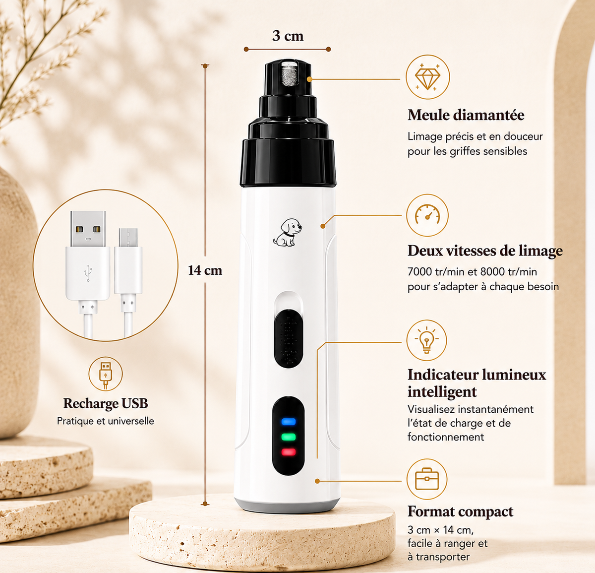 Outil de soin des griffes pour chat avec recharge USB, réglage de vitesse, affichage lumineux et format compact facile à transporter.