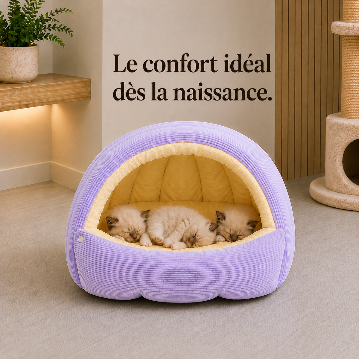 Lit pour chat en peluche douce avec cocon enveloppant accueillant plusieurs chatons pour des siestes confortables et rassurantes Catedo