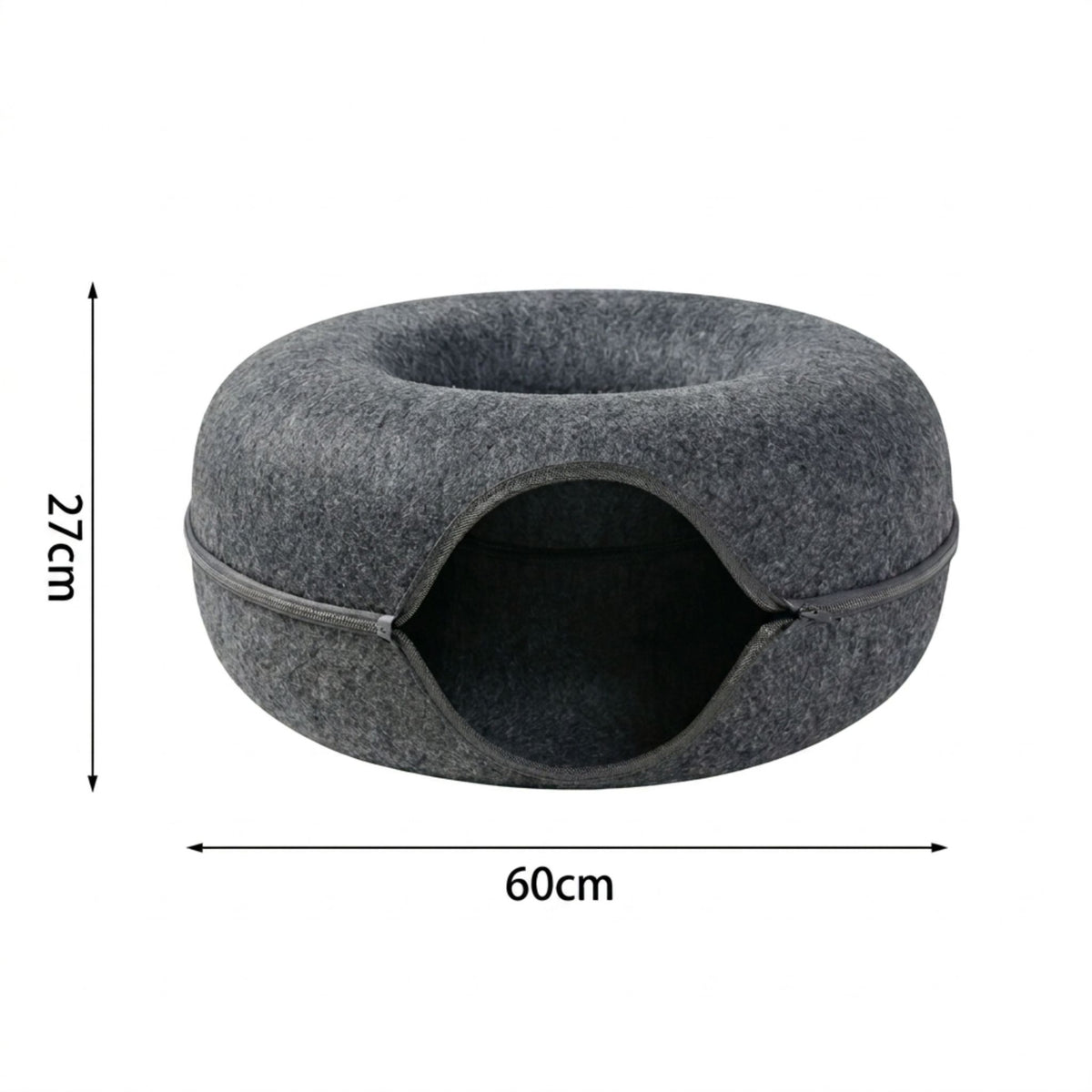 Fiche dimensions lit pour chat tunnel donut en feutre gris anthracite avec fermeture éclair, 60 cm de largeur et 27 cm de hauteur