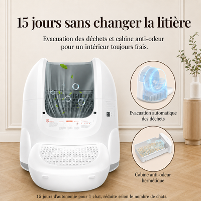 Litière automatique autonettoyante 15 jours d'autonomie avec évacuation automatique des déchets et cabine anti-odeur hermétique pour intérieur toujours frais