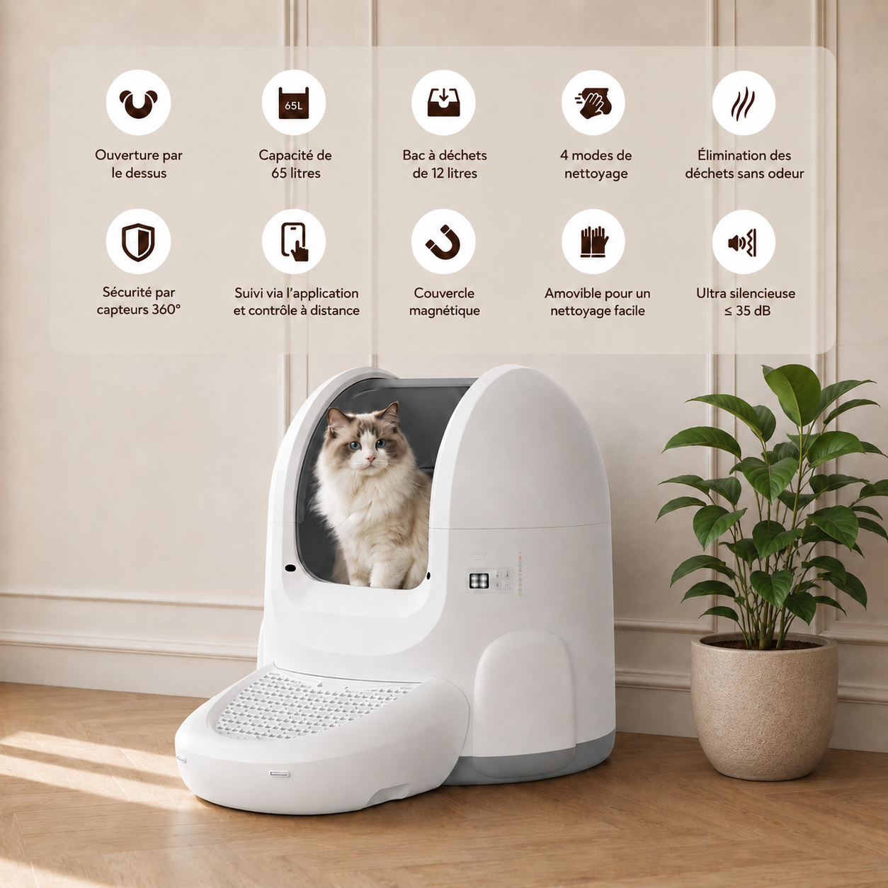 Litière automatique autonettoyante 65 litres avec chat Ragdoll, 4 modes de nettoyage, ultra silencieuse 35 dB, sécurité capteurs 360°, contrôle via application mobile