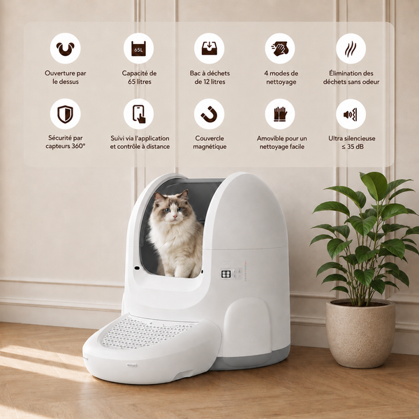 Litière automatique autonettoyante 65 litres avec chat Ragdoll, 4 modes de nettoyage, ultra silencieuse 35 dB, sécurité capteurs 360°, contrôle via application mobile