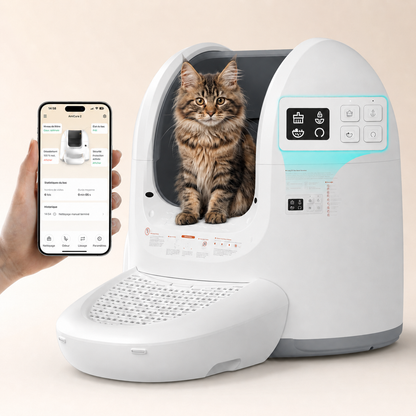 Litière automatique autonettoyante à toit ouvert avec un chat Maine Coon à l'intérieur, connectée à l'application AmiCura affichant les statistiques et l'historique de nettoyage en temps réel