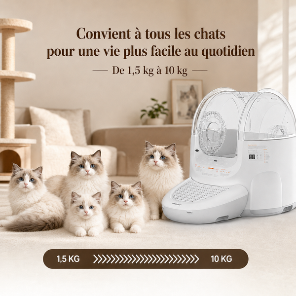 Litière automatique autonettoyante compatible avec tous les chats de 1,5 kg à 10 kg, entourée de cinq chats Ragdoll dans un salon cosy