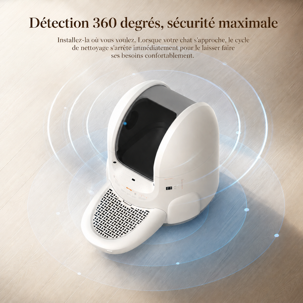 Litière automatique autonettoyante avec détection 360 degrés et arrêt automatique du cycle de nettoyage à l'approche du chat pour une sécurité maximale