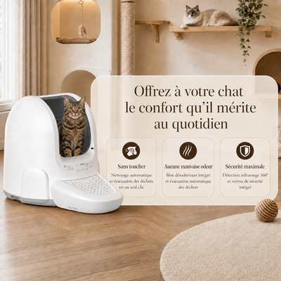 Litière automatique autonettoyante sans contact, bloc désodorisant intégré, évacuation automatique des déchets et détection infrarouge 360° pour le confort quotidien du chat