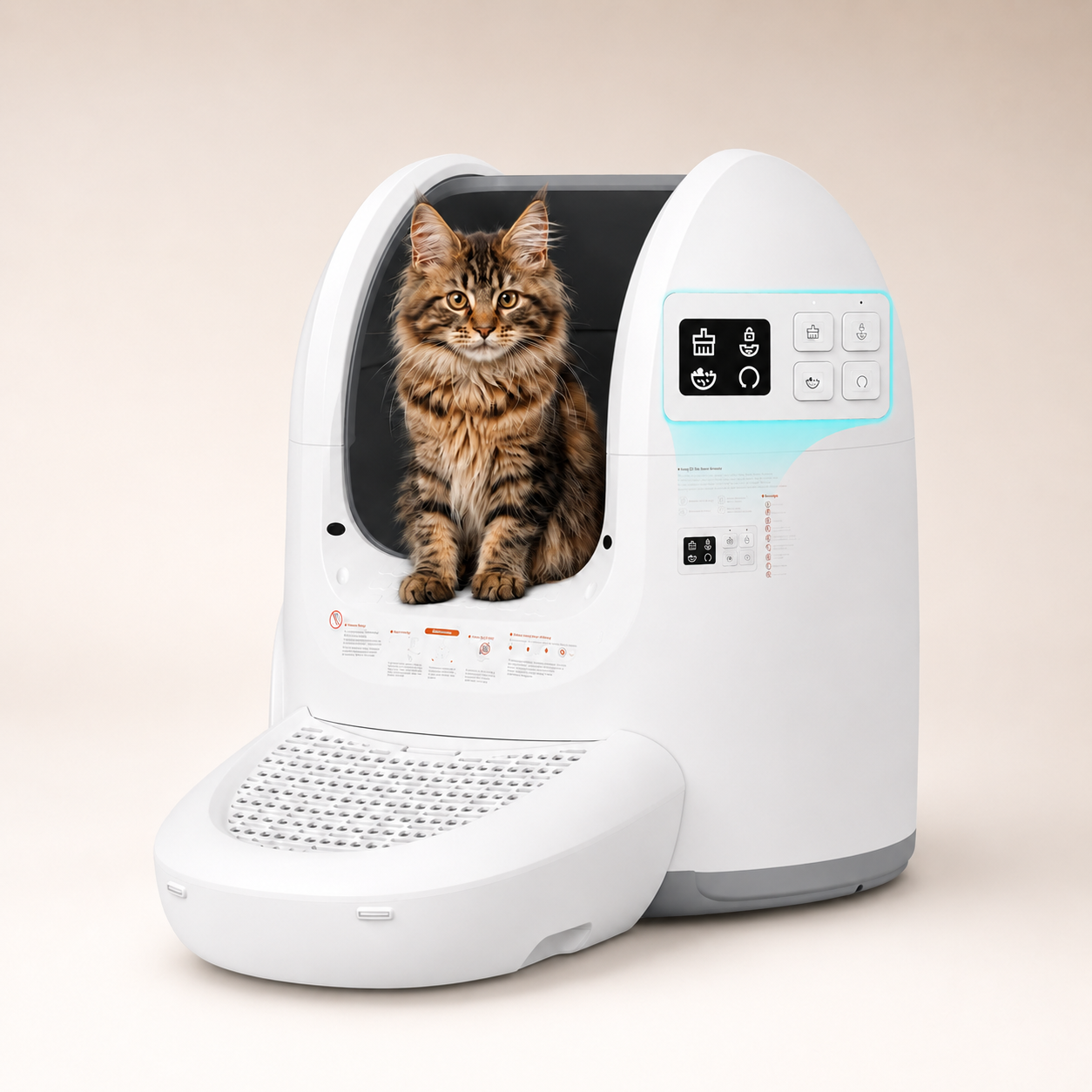 Litière automatique autonettoyante à toit ouvert avec panneau de commande tactile rétroéclairé et chat Maine Coon à l'intérieur sur fond beige