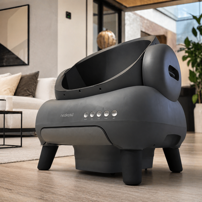Litière automatique bac ouvert Neakasa M1 gris anthracite dans un salon moderne design avec canapé blanc