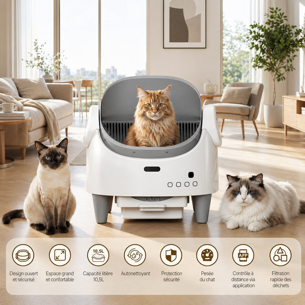Litière automatique pour chat au design ouvert avec trois chats, présentant les fonctionnalités de nettoyage automatique, pesée intégrée, contrôle par application et système de sécurité.