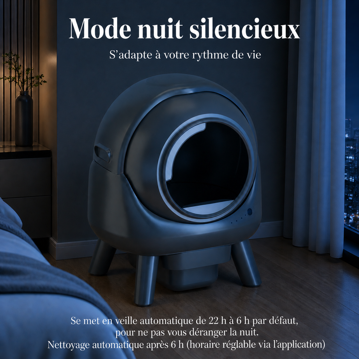 Litière automatique pour chat avec mode nuit silencieux, nettoyage intelligent programmable, fonctionnement discret et contrôle via application mobile Catedo