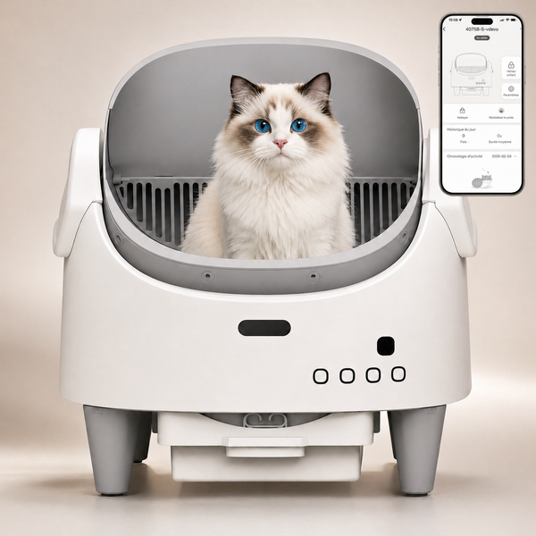 Litière automatique connectée pour chat avec un chat Ragdoll à l'intérieur et affichage d'une application mobile sur smartphone.
