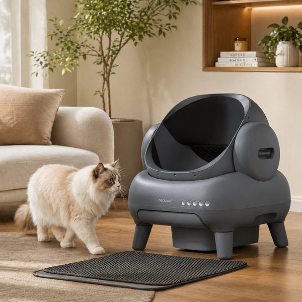 Litière automatique pour chat grands chats Neakasa M1 avec chat Ragdoll debout dans un salon moderne