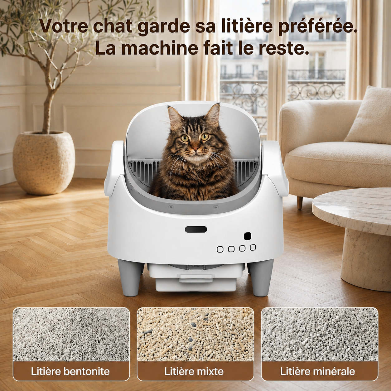 Litière automatique autonettoyante montrant sa compatibilité avec différents types de substrats : litière bentonite, litière mixte et litière minérale.