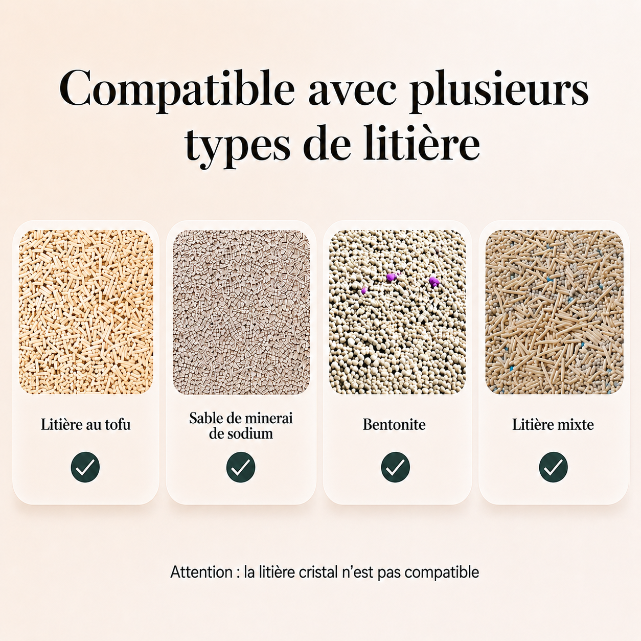 Litière automatique compatible tofu, sable de minerai de sodium, bentonite et litière mixte, incompatible litière cristal