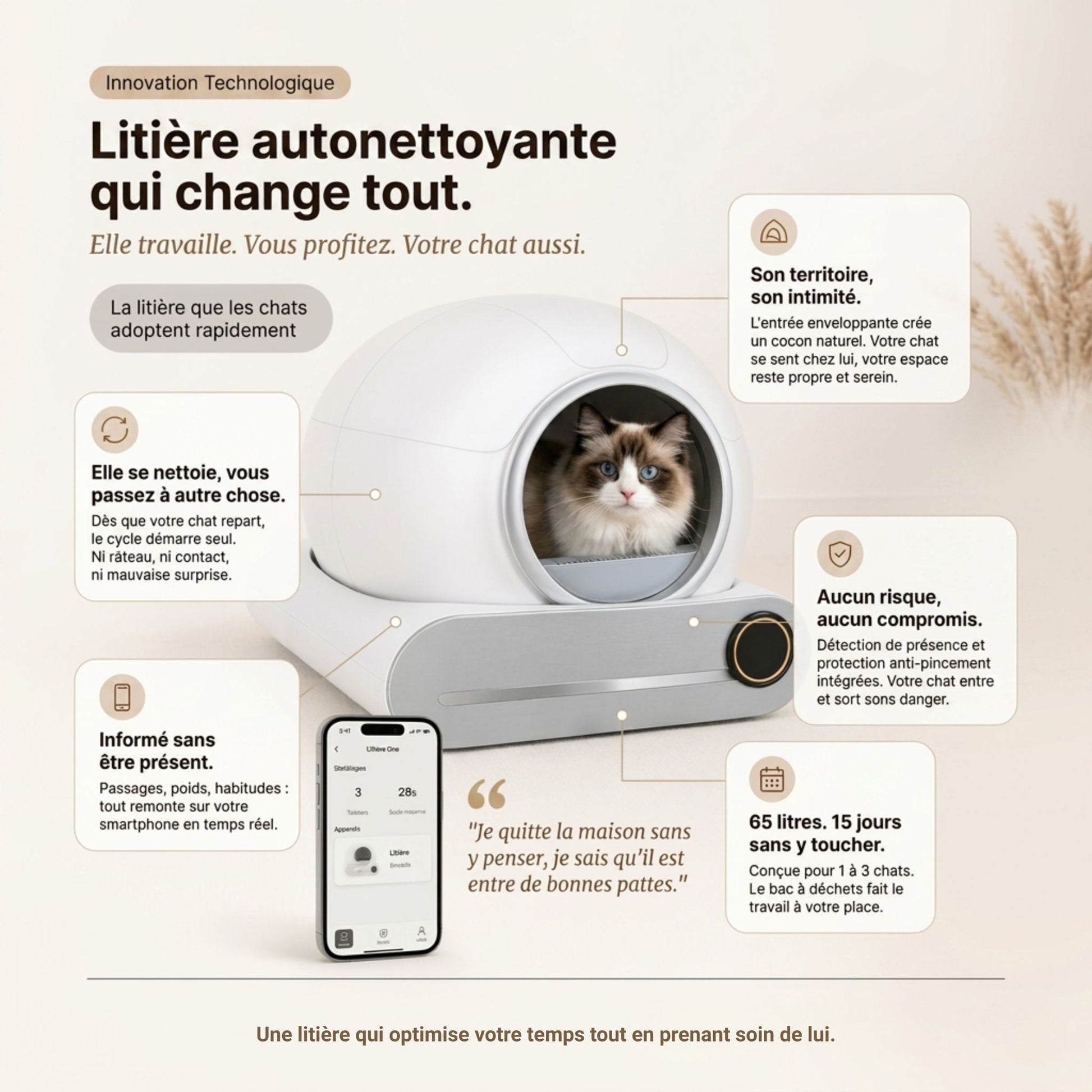 Infographie litière autonettoyante connectée - nettoyage automatique, détection présence, 65 litres 15 jours sans vidange, suivi smartphone avec chat ragdoll