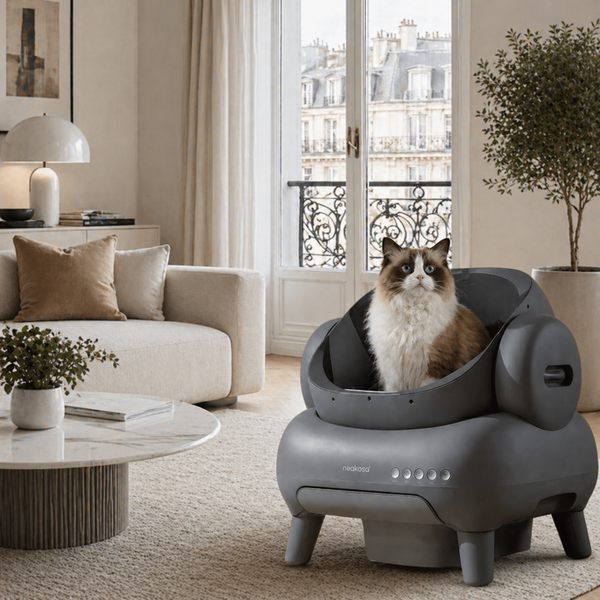Litière automatique grands chats bac ouvert Neakasa M1 avec chat Ragdoll dans un salon parisien moderne