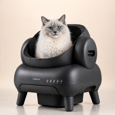 Litière automatique pour gros chat Neakasa M1 avec chat Ragdoll aux yeux bleus assis à l'intérieur sur fond beige