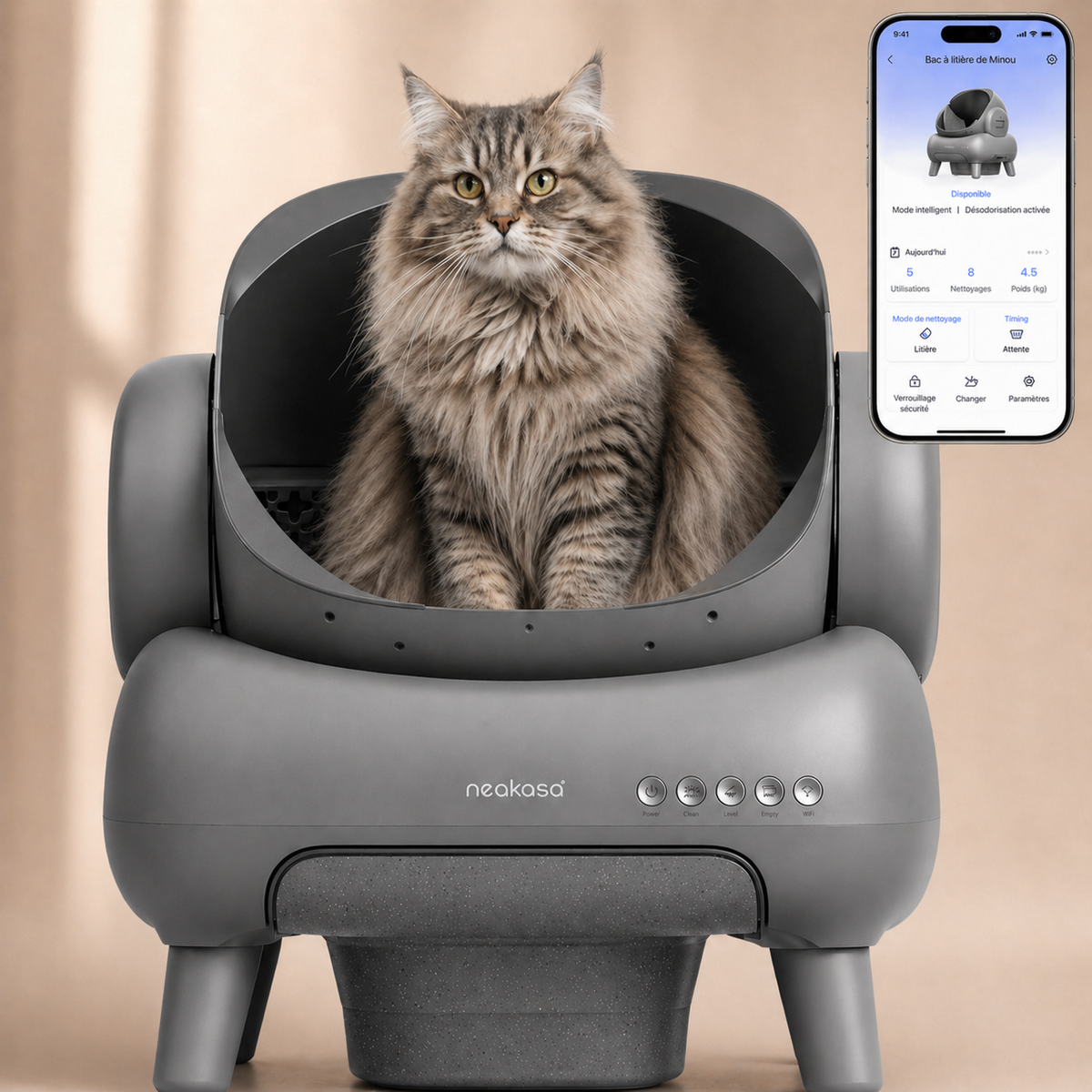 Litière automatique pour chat grands chats Neakasa M1 avec Maine Coon assis à l'intérieur et application mobile connectée