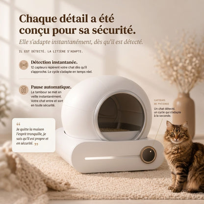 Litière autonettoyante sécurité chat - 12 capteurs détection instantanée et pause automatique - chat tabby brun assis à côté