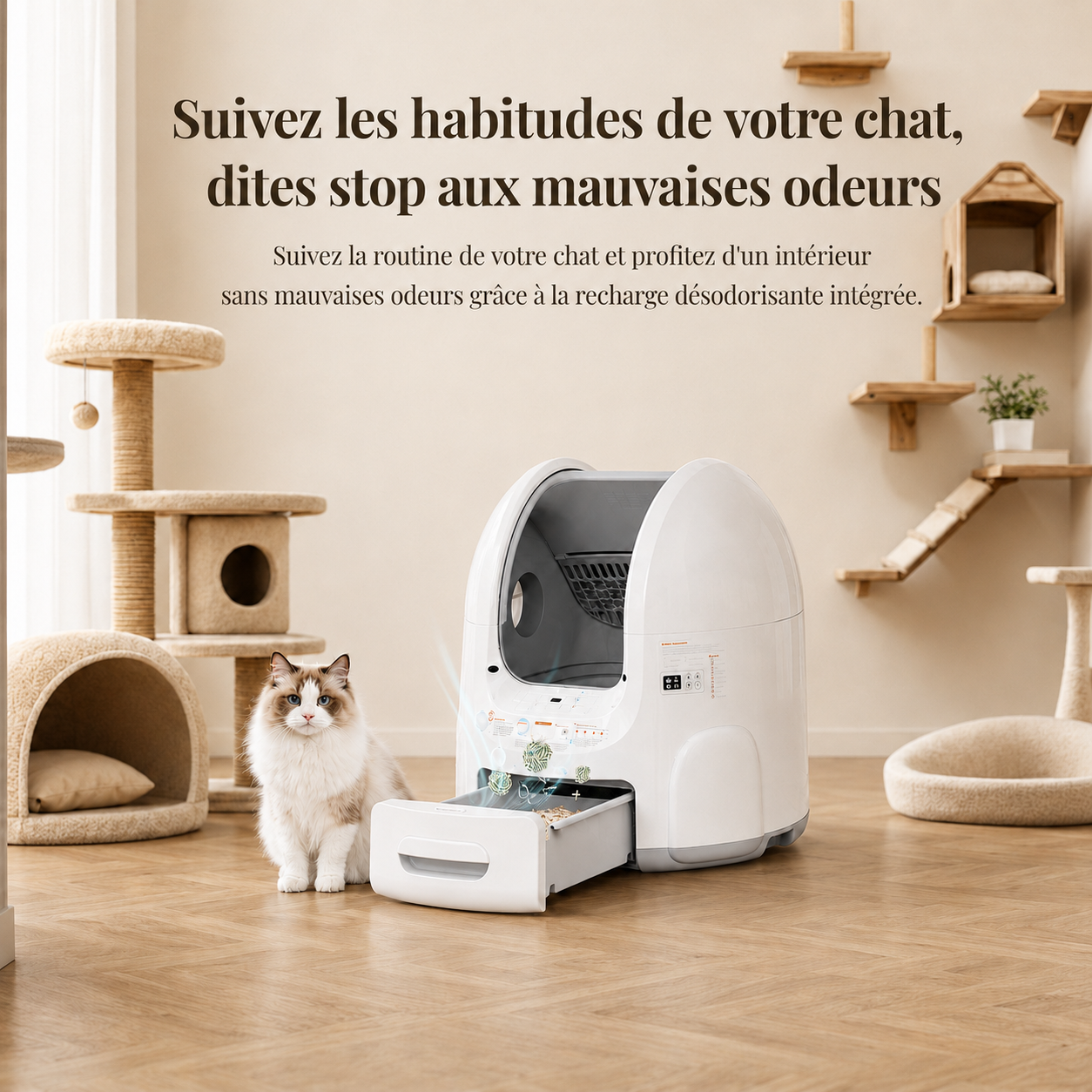Litière automatique à tiroir ouvert avec recharge désodorisante intégrée et chat Ragdoll dans un espace de vie félin naturel