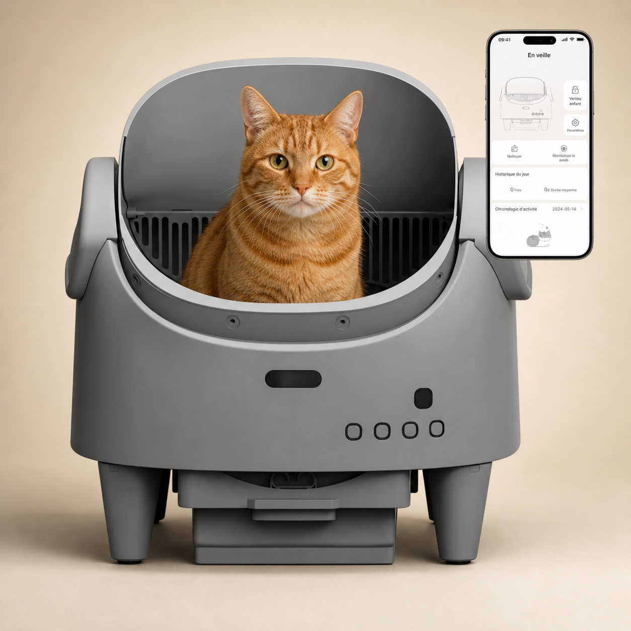 Litière autonettoyante pour chat avec interface d'application mobile pour le suivi de la santé et du nettoyage automatique à distance.