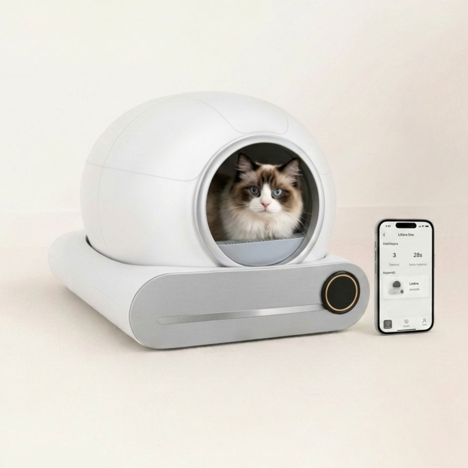 Litière autonettoyante connectée avec chat ragdoll aux yeux bleus à l'intérieur et application mobile affichant les statistiques