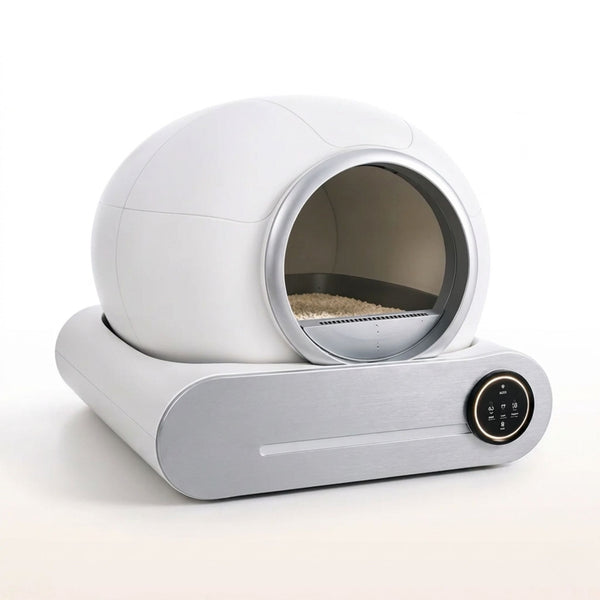Litière autonettoyante design sphérique blanche avec socle aluminium brossé et panneau de contrôle tactile sur fond blanc