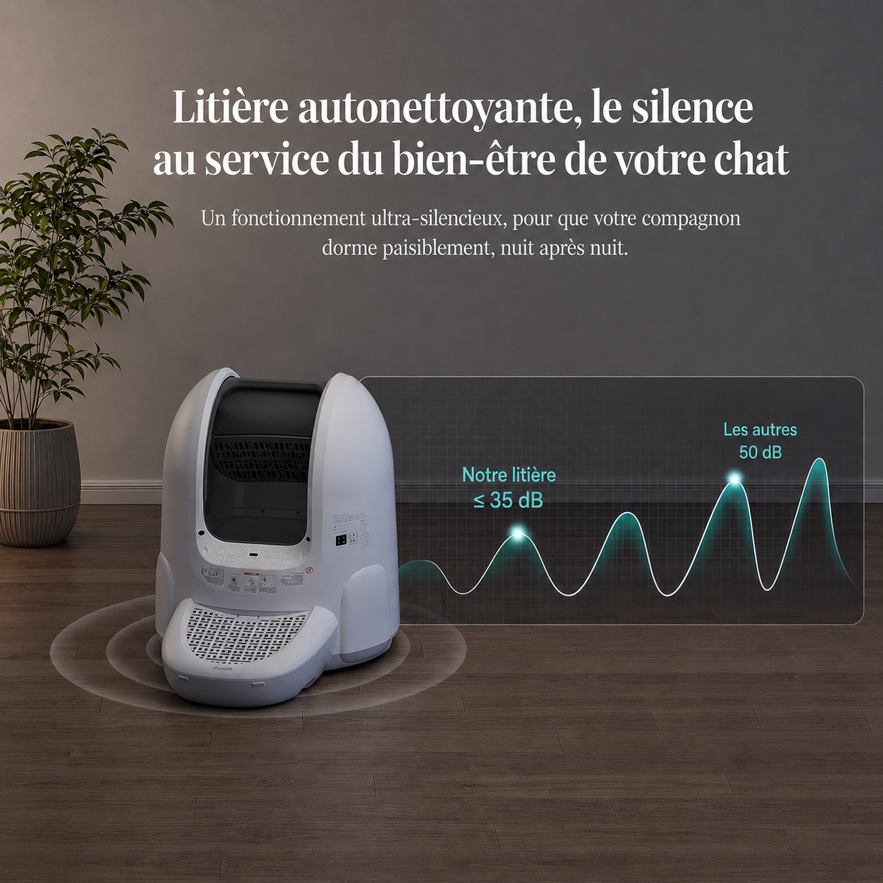 Comparatif sonore litière autonettoyante 35 dB versus concurrence 50 dB avec graphique d'ondes acoustiques en ambiance nocturne