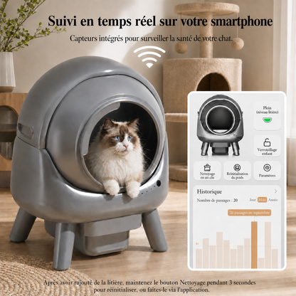 Litière automatique connectée pour chat avec application mobile, suivi de l’activité et de la santé du chat, nettoyage intelligent et contrôle à distance Catedo