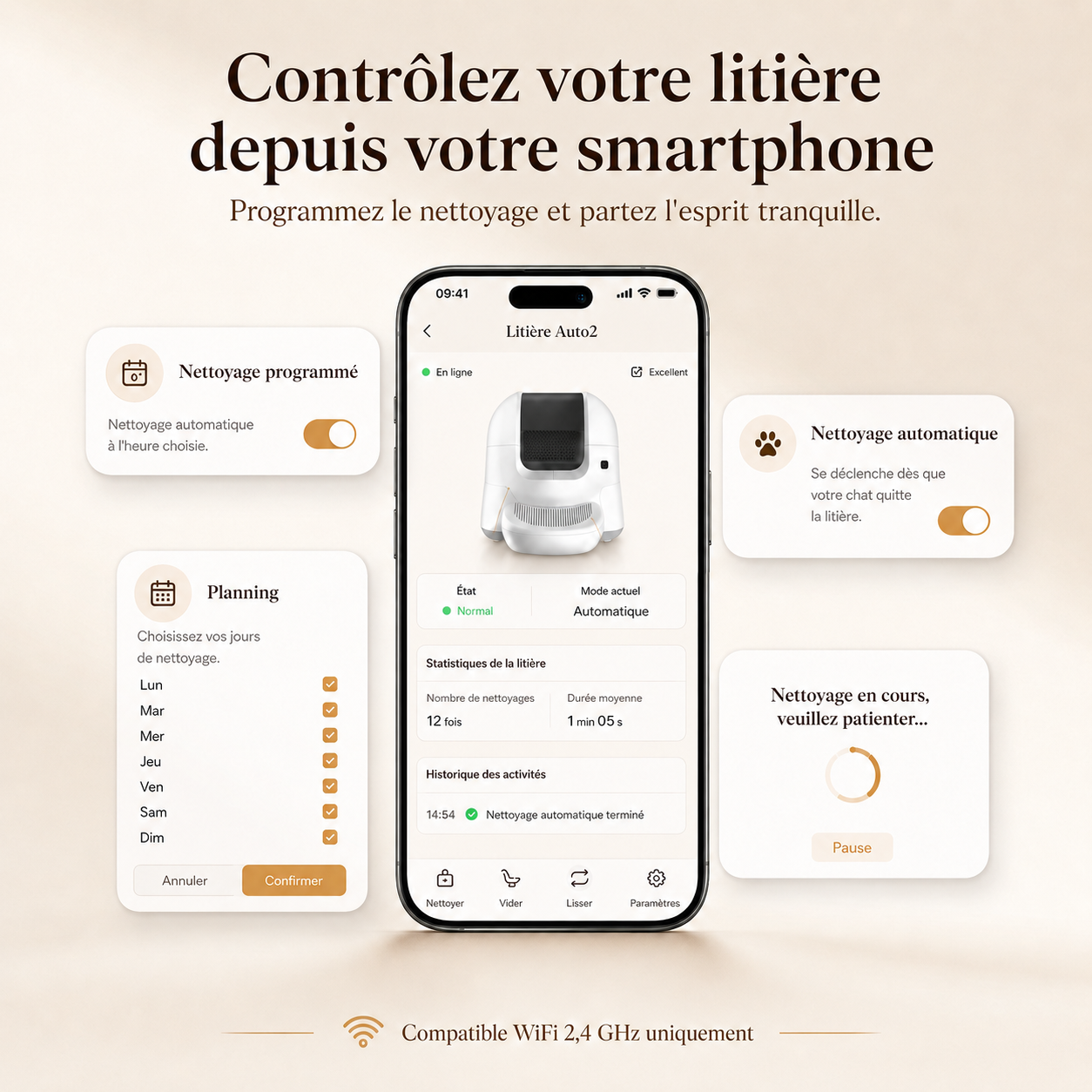 Interface application mobile litière connectée avec planning hebdomadaire, statistiques d'utilisation et nettoyage programmé à distance compatible WiFi 2,4 GHz