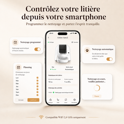 Interface application mobile litière connectée avec planning hebdomadaire, statistiques d'utilisation et nettoyage programmé à distance compatible WiFi 2,4 GHz