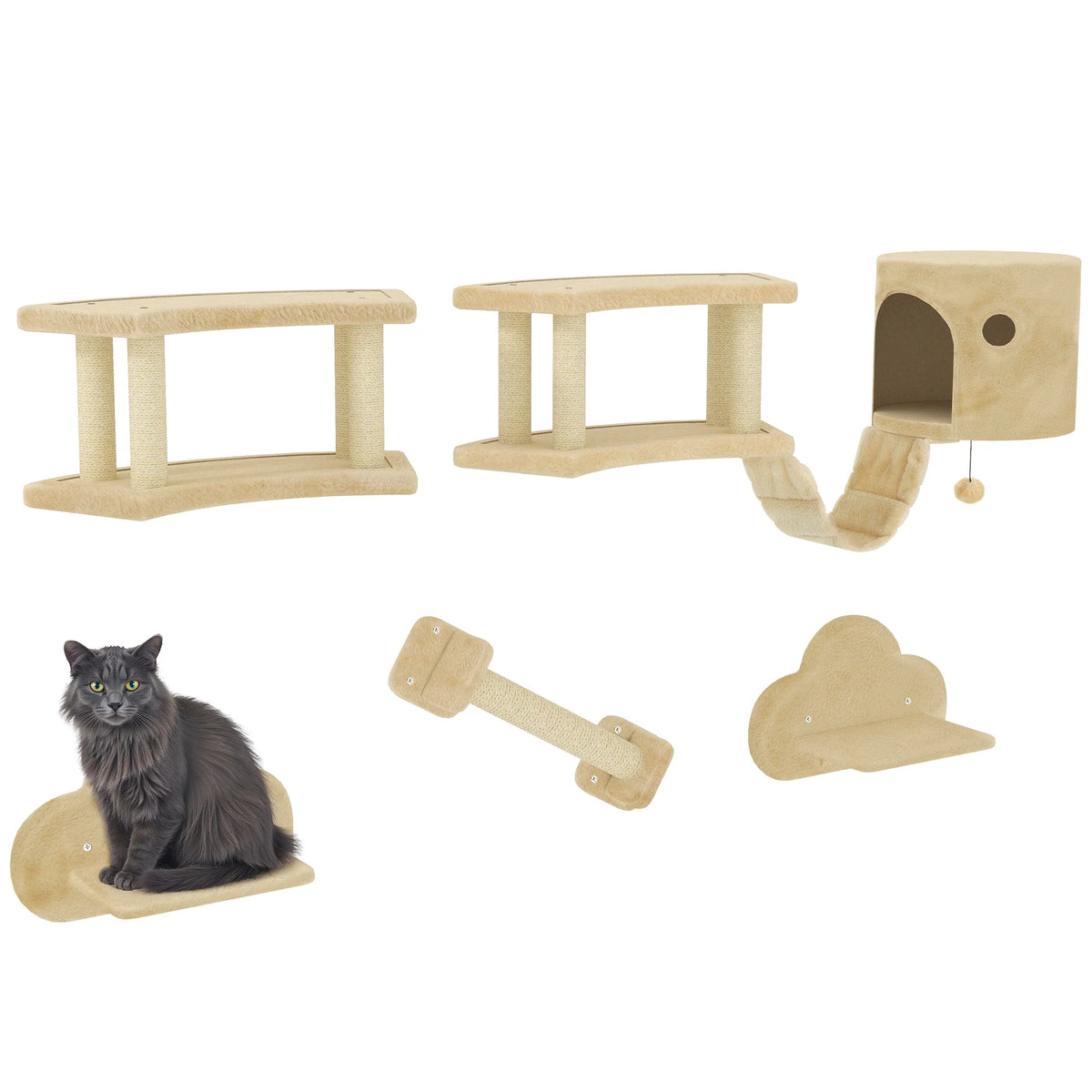 Pack parcours mural chat 6 éléments beige : 2 passerelles griffoir sisal, cabane murale pompon, étagère nuage, griffoir horizontal mural, étape murale, chat noir Maine Coon