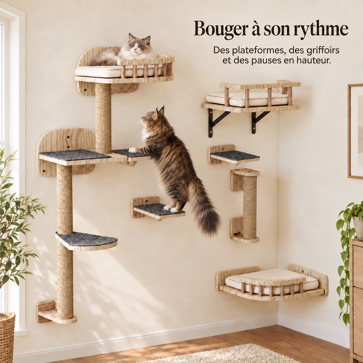 Arbre à chat mural en bois naturel, ensemble 7 pièces | MILO