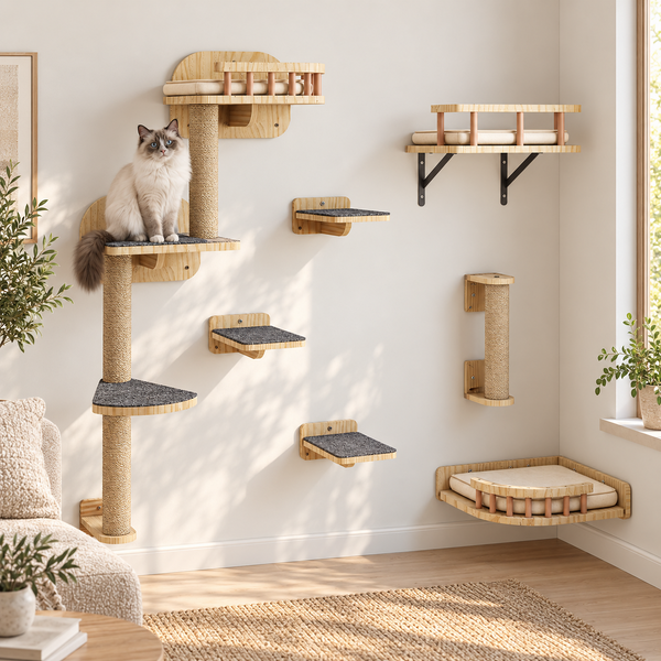 Arbre à chat mural en bois naturel, ensemble 7 pièces | MILO