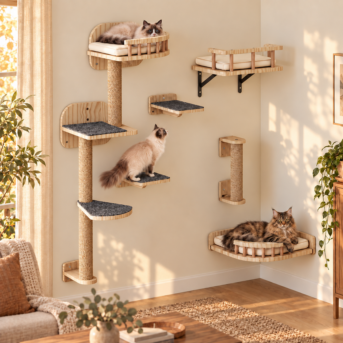 Arbre à chat mural en bois naturel, ensemble 7 pièces | MILO