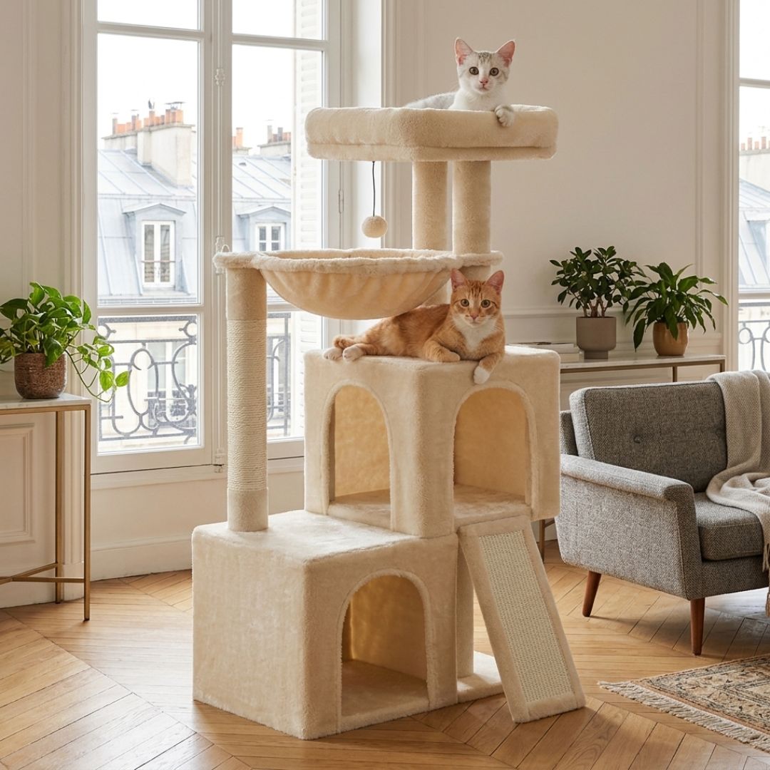 petit arbre à chat beige compact salon parisien lumineux deux chats double cabane hamac griffoir sisal rampe inclinée
