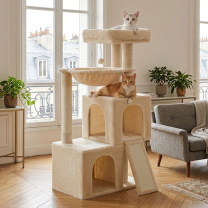 petit arbre à chat beige compact salon parisien lumineux deux chats double cabane hamac griffoir sisal rampe inclinée
