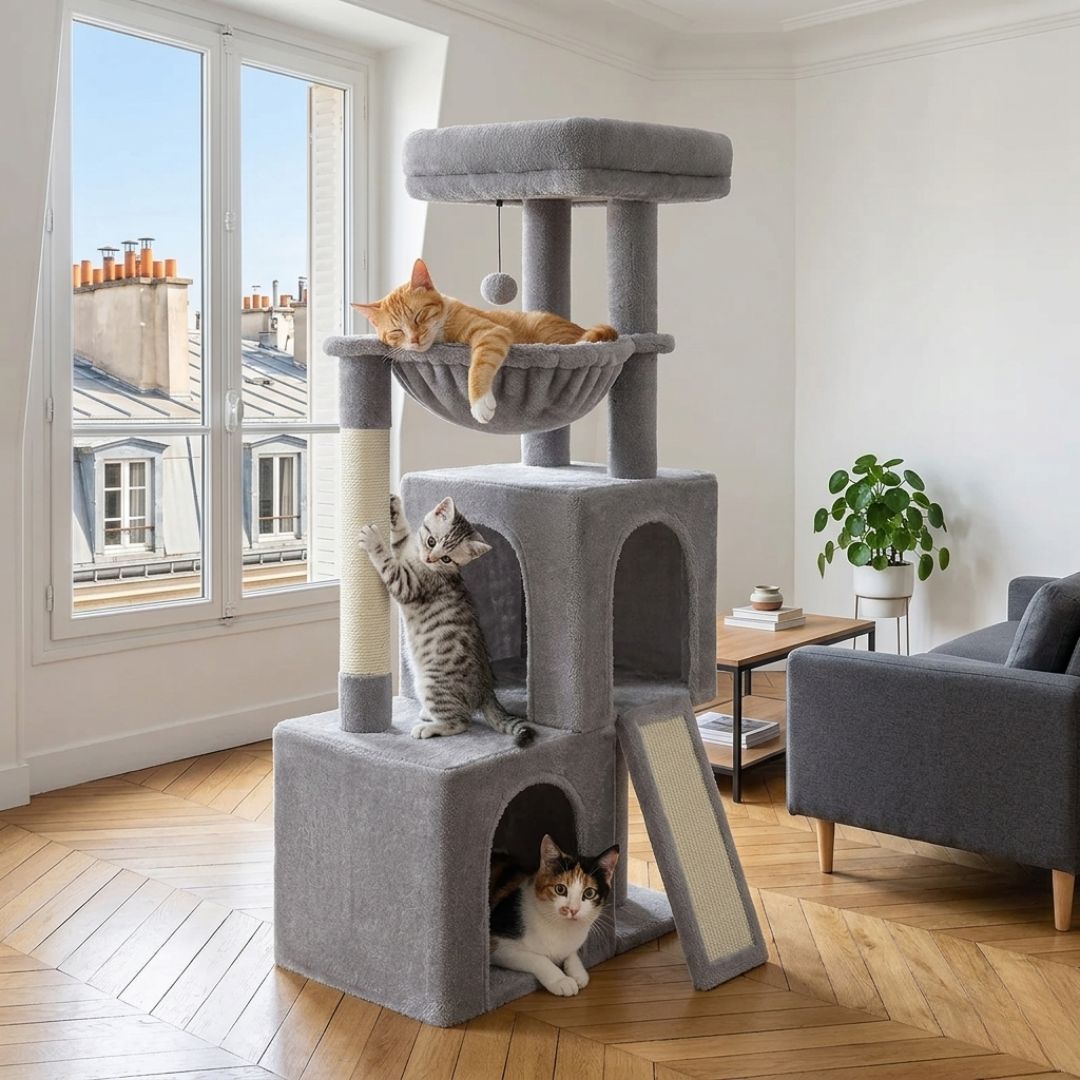 petit arbre à chat gris compact salon parisien trois chats double cabane hamac griffoir sisal rampe inclinée pompon suspendu