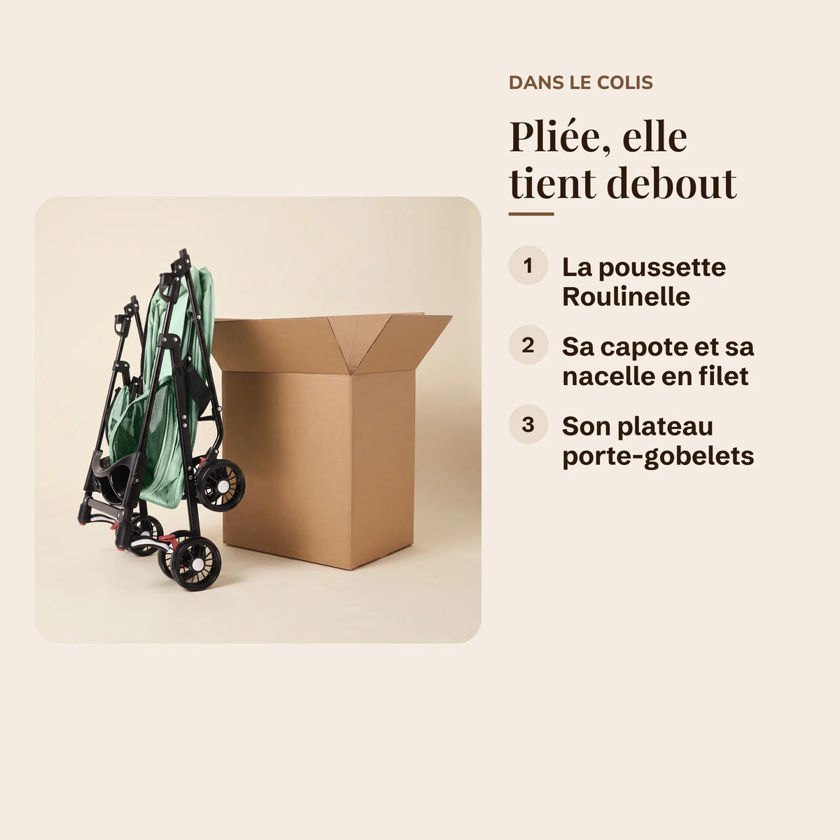 Contenu du colis : la poussette pour chat pliée avec sa capote, sa nacelle en filet et son plateau à deux porte-gobelets