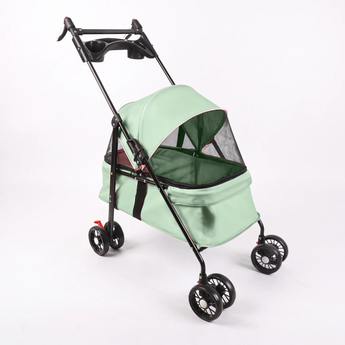 Poussette pour chat pliable vert menthe à capote et quatre roues doubles, sur fond blanc