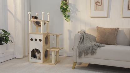 Démo de l'arbre à chat design en bois Catedo. On voit un chat Ragdoll se prélasser dans un dôme transparent en hauteur et un chat tigré explorer les différents niveaux, entrer dans la niche et jouer avec la balle suspendue. Le style épuré et les matériaux naturels s'intègrent parfaitement dans une décoration d'intérieur contemporaine.