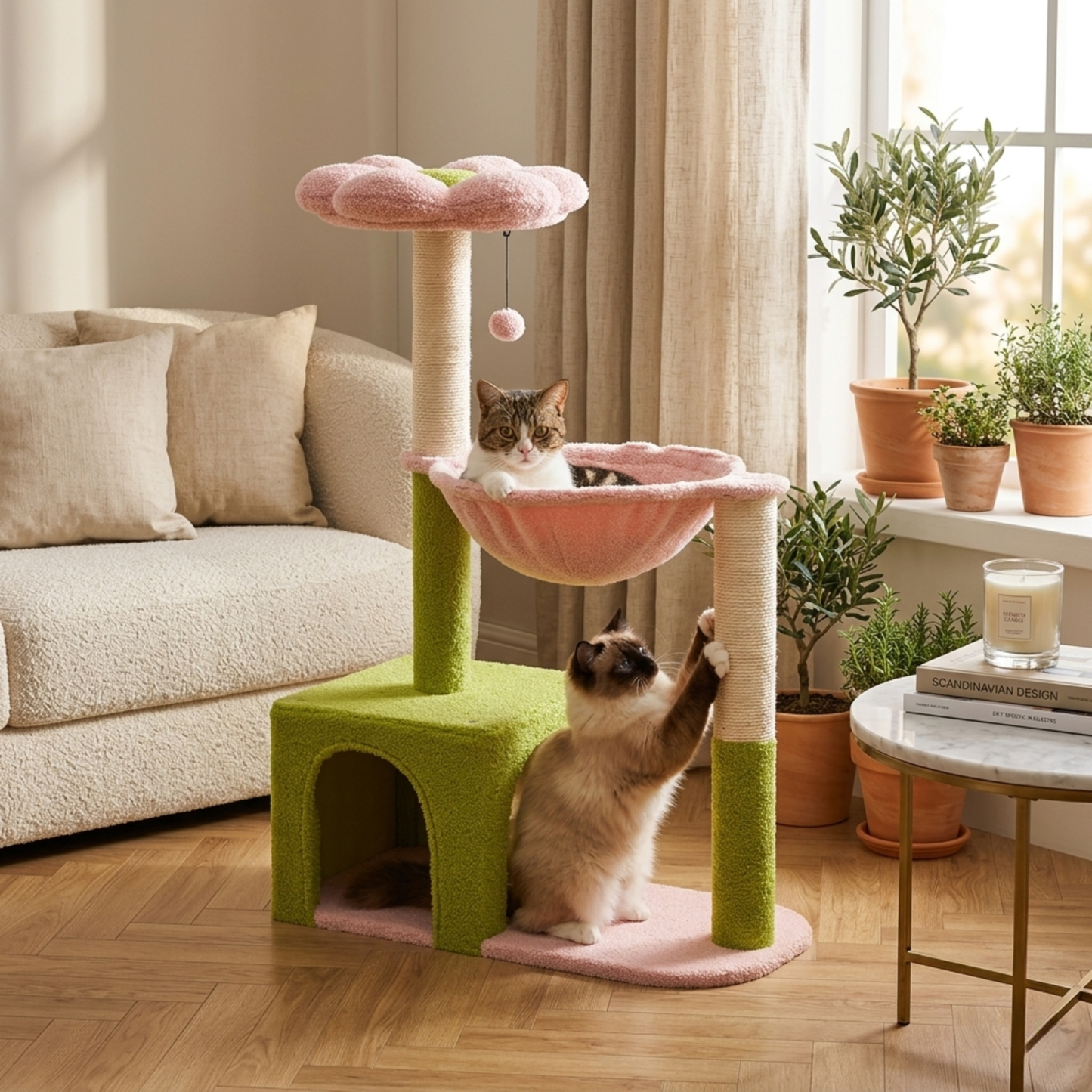 Arbre à chat fleur vert et rose 93cm avec tabby dans le hamac et ragdoll sur le griffoir en sisal