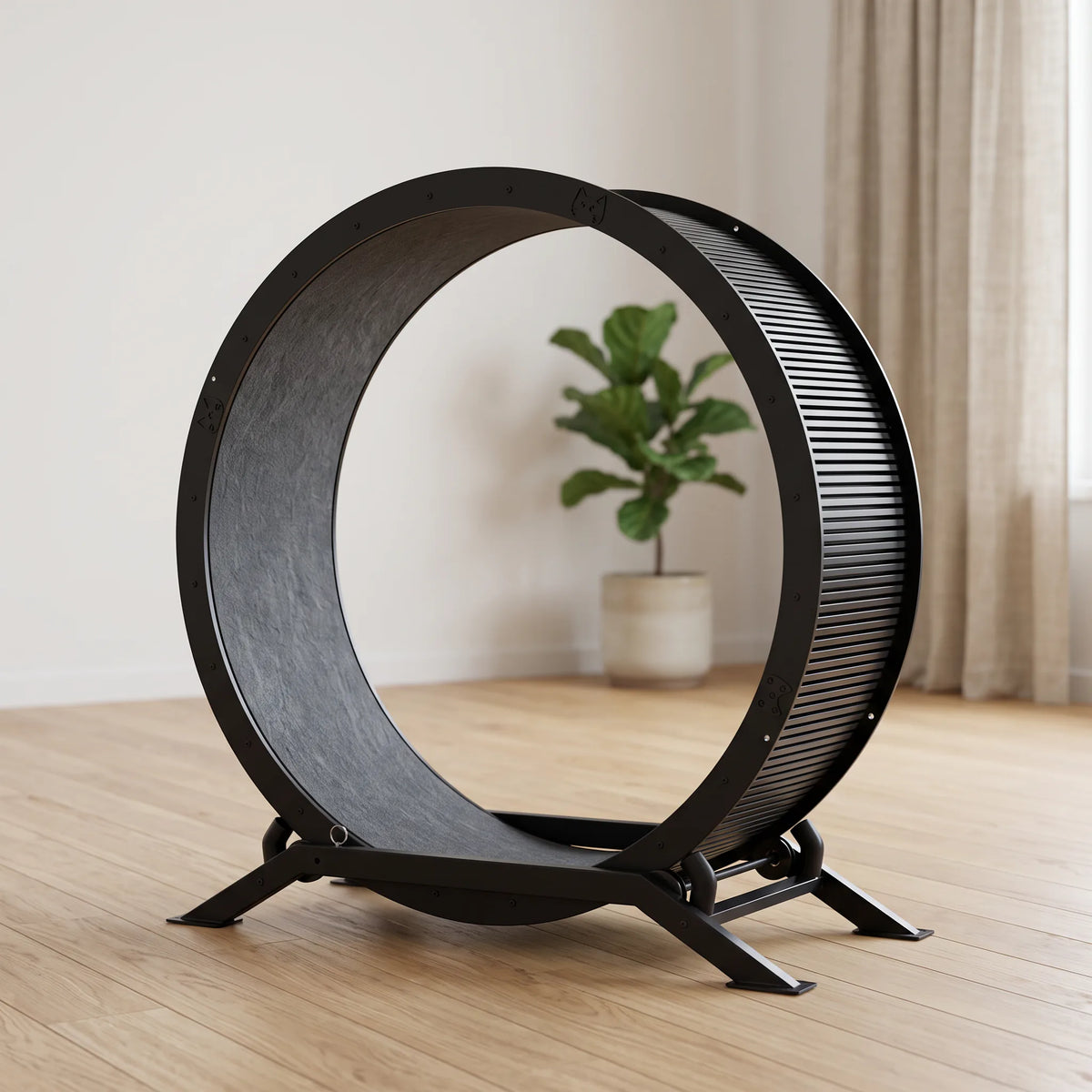 Roue d'exercice pour chat en acier noir posée sur un parquet de chêne clair