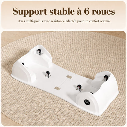 Base blanche de la roue pour chat vue de dessous, support stable à 6 roues multi-points pour une stabilité et un confort optimal sur tapis beige.