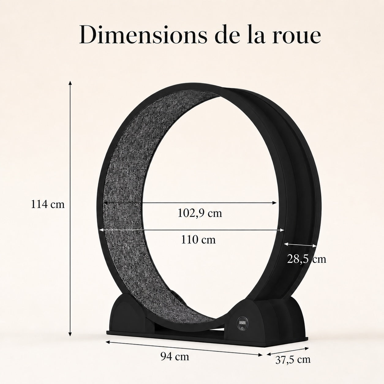 Dimensions de la roue pour chat noire, hauteur 114 cm, diamètre extérieur 110 cm, intérieur 102,9 cm, largeur 28,5 cm, base 94 cm sur 37,5 cm.