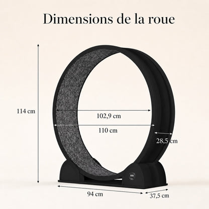 Dimensions de la roue pour chat noire, hauteur 114 cm, diamètre extérieur 110 cm, intérieur 102,9 cm, largeur 28,5 cm, base 94 cm sur 37,5 cm.